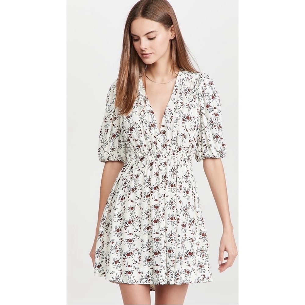NWT Ganni Floral Printed Crepe Puff Sleeve Mini Dress Egret Size 44 US 14
